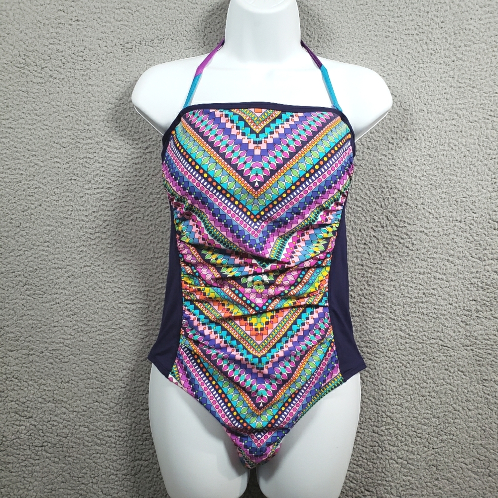 Anne Cole Swimsuit Women 12 Purple One Piece Halter Bathing Suit Colorful Ruched